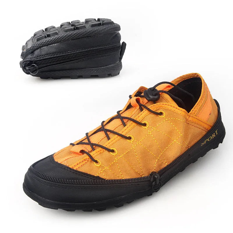 Portable folding outdoor hiking shoes with side zipper in orange, black, or grey colours