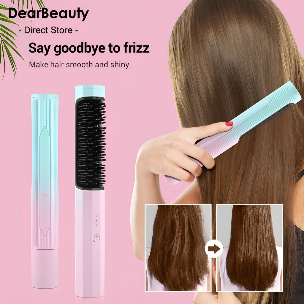 Cordless straightening comb in pink with USB charging cable, compact 23 cm size, 4000mAh battery, anti-scalding design