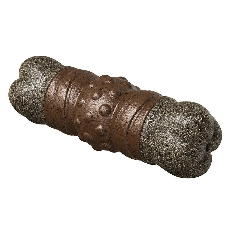 Wood-coloured plastic bone-shaped dog toy with textured molar rod design for chewing and teeth cleaning.