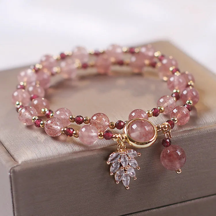 Strawberry quartz double layer bracelet with Lucky Cat charm in red cat's eye flowers colour