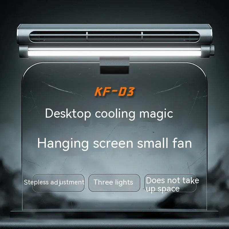 Black USB-powered bladeless clip-on laptop fan with integrated lighting lamp