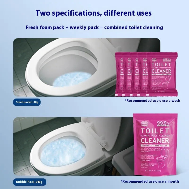 Toilet Bubble Powder cleaning product in blue ocean or pink floral fragrance, showing 240g bag and 5x40g box options.