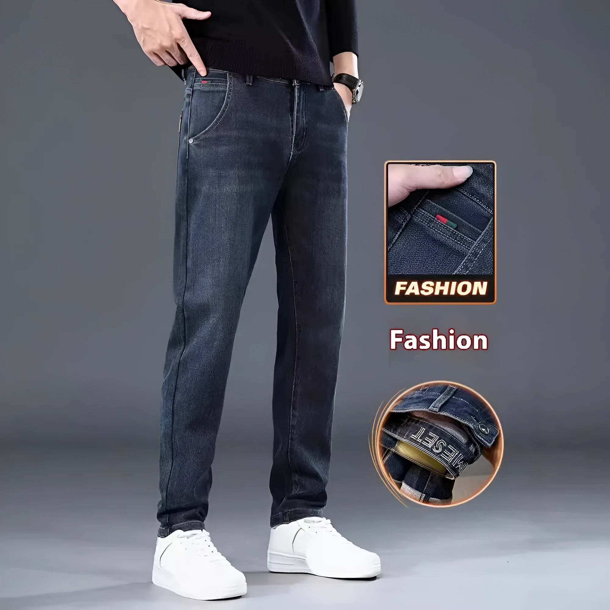 Slim straight casual trousers in blue grey colour with micro-elastic fabric and mid-waist design