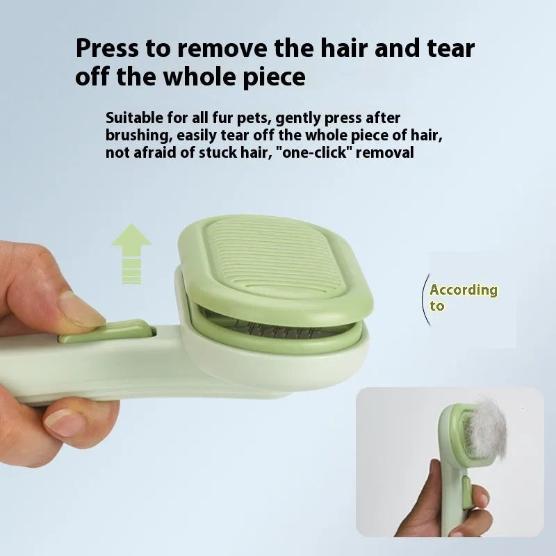 Large pet grooming comb with one-click knot untying function in light grey, green, and pink colours