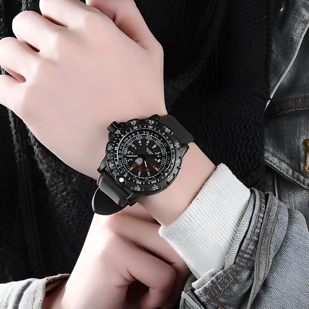 Men's quartz military watch with 45mm round alloy case, silicone band, and luminous dial on a neutral background