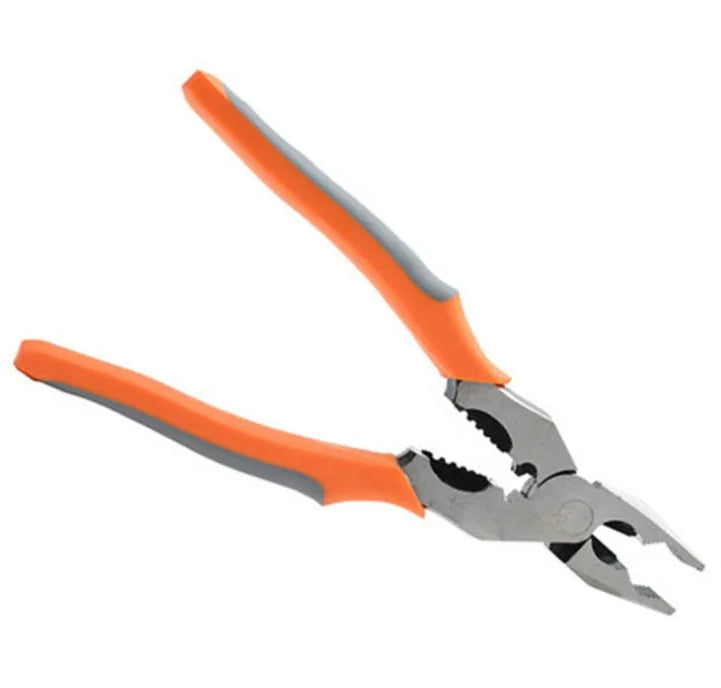 Orange 9-inch multi-function wire cutter pliers with chrome steel head and textured PVC handles.