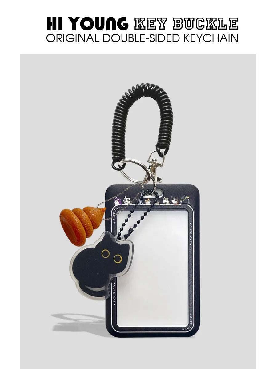 Cute little black cat cartoon design plastic card sleeve holder with a ferrule pendant clip