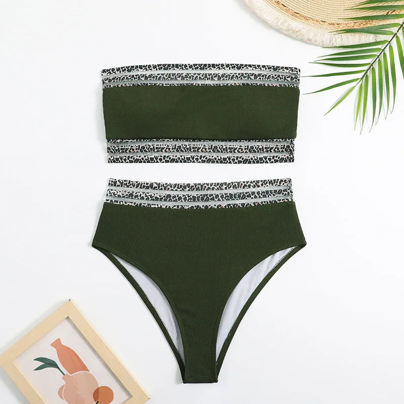 Black strapless swimsuit with leopard pattern splicing and brief-style bottoms