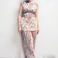Women's floral printed chiffon dress set with high waist skirt and long sleeve matching top