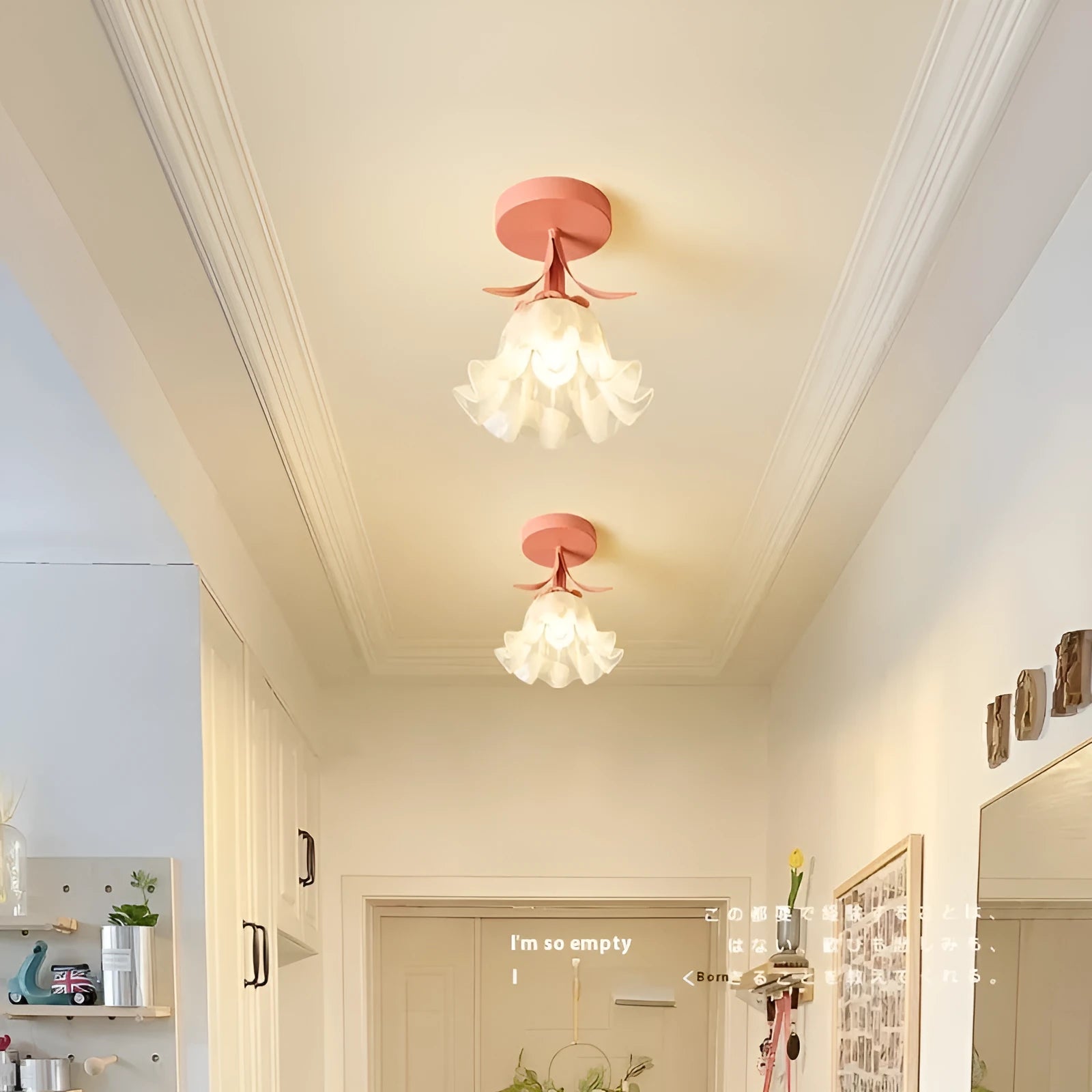 Cream coloured Linglan flower design modern corridor ceiling light with remote control for dimming.