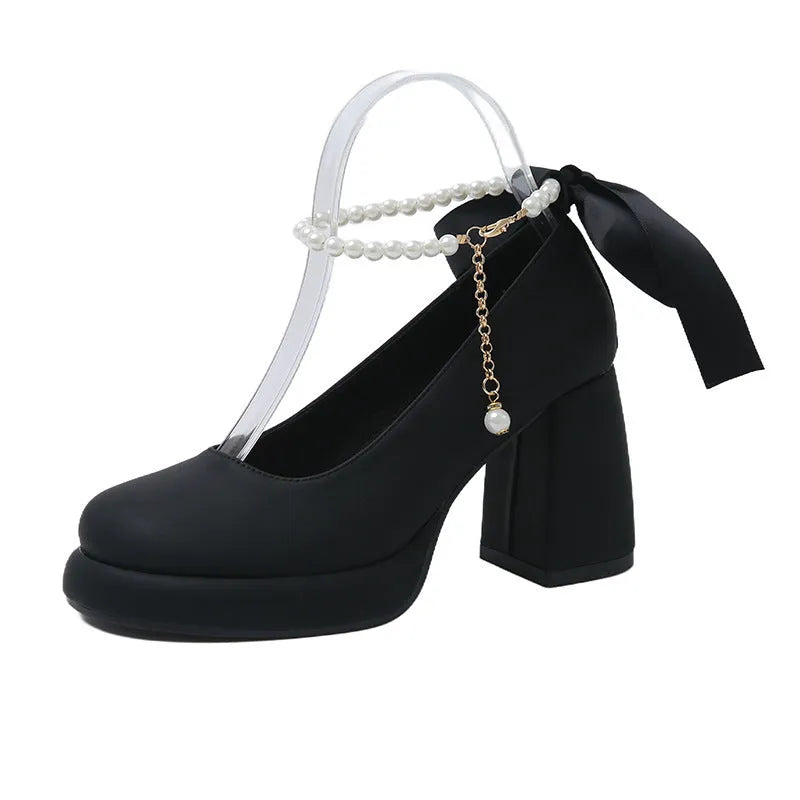 Women's Mary Jane shoes beige chunky heel pearl decoration round toe ankle strap