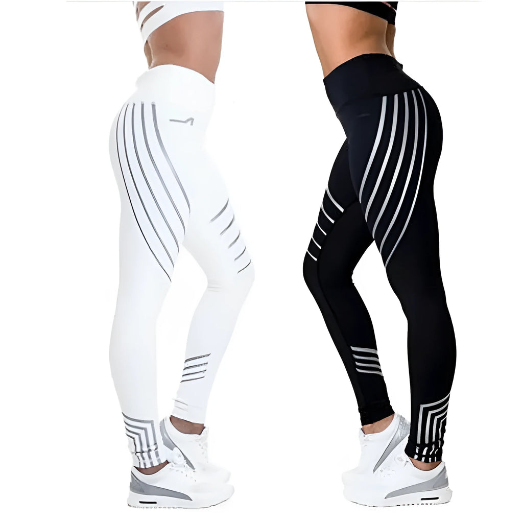 Women's black workout leggings with night-glowing print patterns, high-waisted pencil pants design