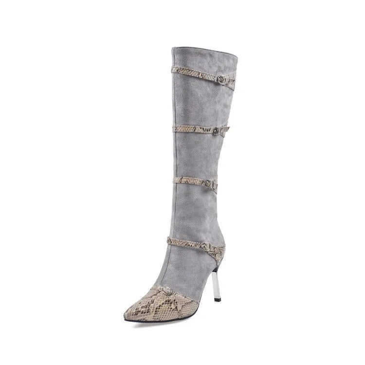 Women's grey and black knee high boots with 9cm thin heels and velvet lining