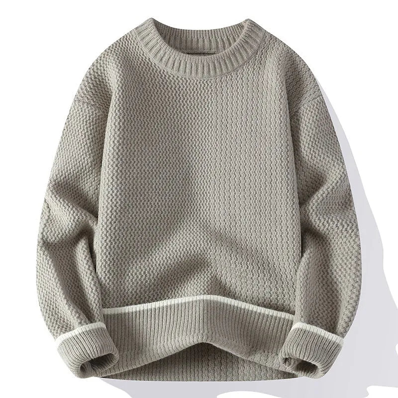 Men's grey casual pullover sweater with round neck and long sleeves