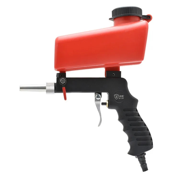 Small black and blue gravity feed pneumatic sandblasting gun with nozzle.