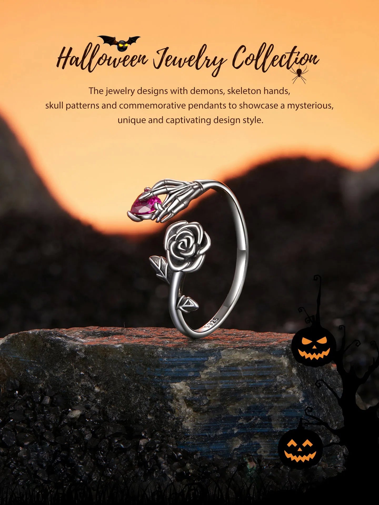Silver Halloween rose skull hand opening ring with adjustable band on white background