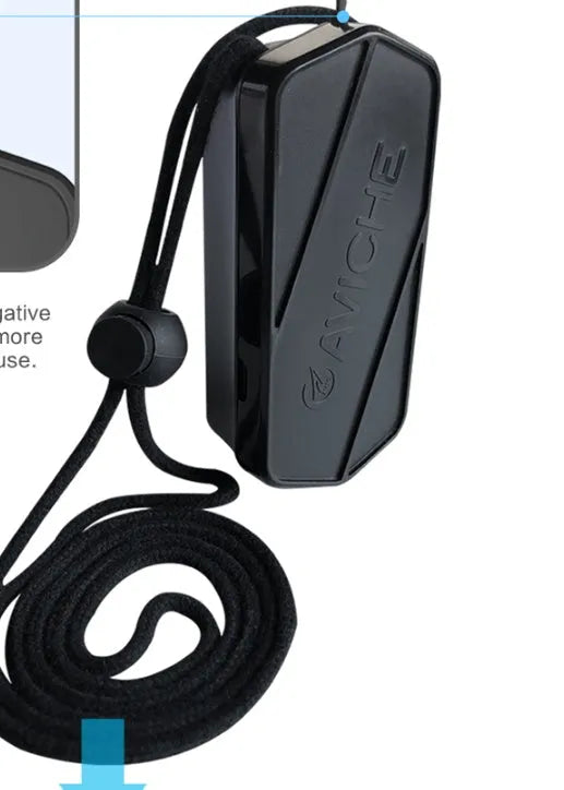 Black plastic air purifier necklace pendant measuring 80mm long, shown for scale.