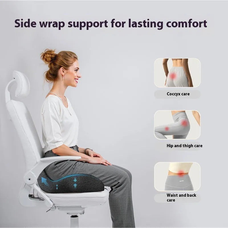 Memory foam office chair cushion in light grey showing 46x43cm dimensions