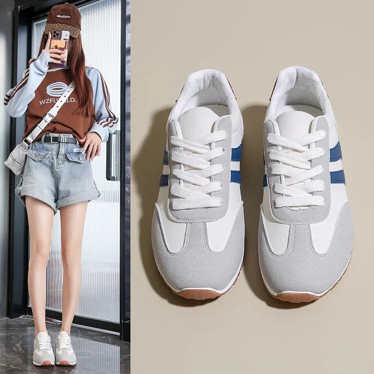 Leisure Sports Cortez Stripes shoes in blue and gray, flat heel, round toe, rubber sole, artificial PU upper