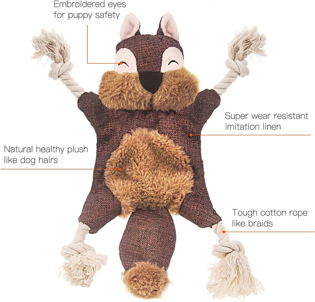 Brown fox-shaped dog toy with embroidered eyes, cotton rope limbs, and squeaker crinkle features