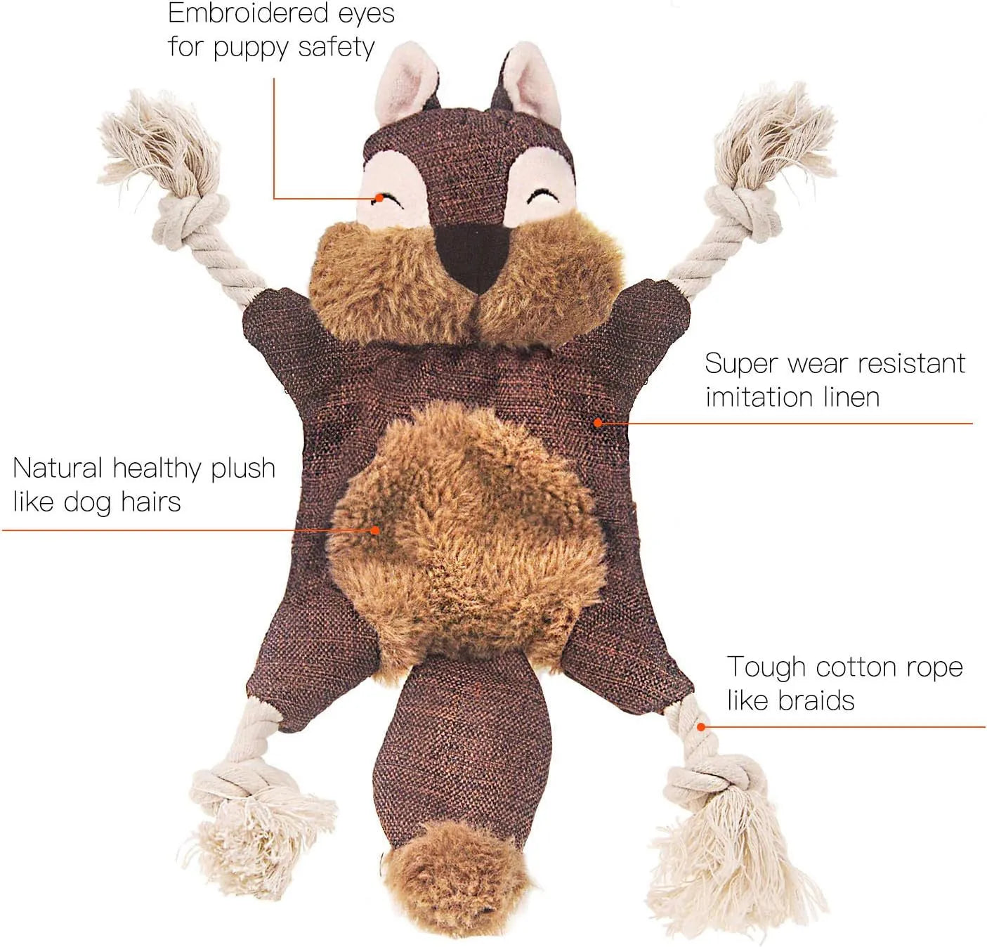 Brown fox-shaped dog toy with embroidered eyes, cotton rope limbs, and squeaker crinkle features