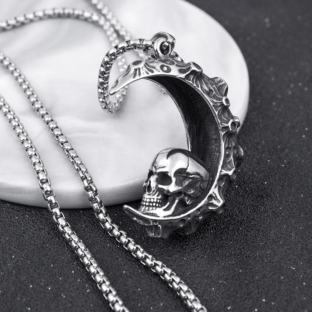 Men's silver stainless steel necklace with alloy pendant showing six design options including skull, dagger, and Hot Wheels