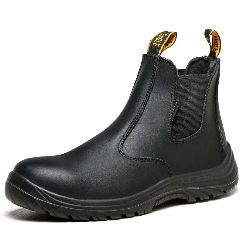 Black leather high-top safety work boots with steel toecap for anti-piercing protection.