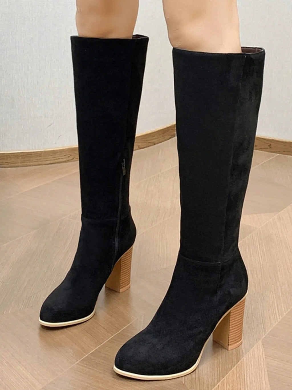 Women's black square toe high heel fashion boots with artificial PU upper