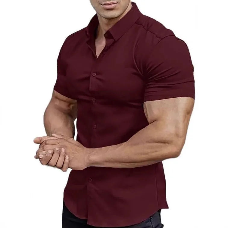 Men's short sleeve collared casual shirt in polyester, available in brown, blue, khaki and other colours.