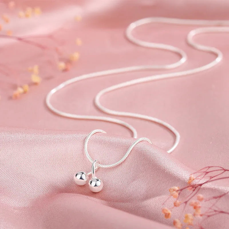 Silver cherry necklace with adjustable snake bone chain, 925 silver pendant, Korean style design