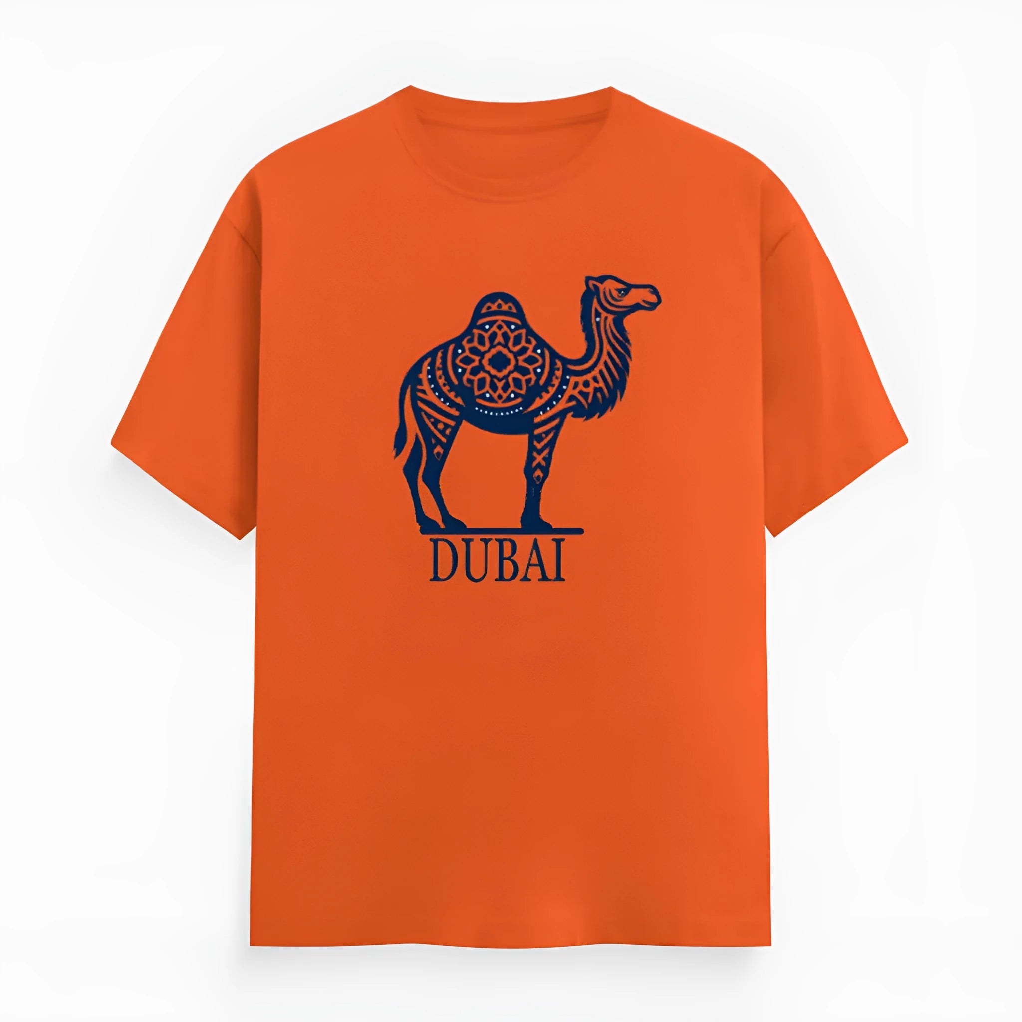 Orange cotton short sleeve t-shirt with a round neck, laid flat to show its straight cut and casual style.