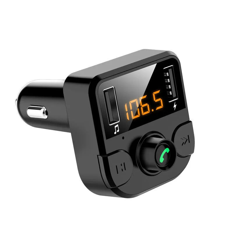Black BT36B car MP3 Bluetooth player with 1.1-inch screen plugged into a car cigarette lighter socket.