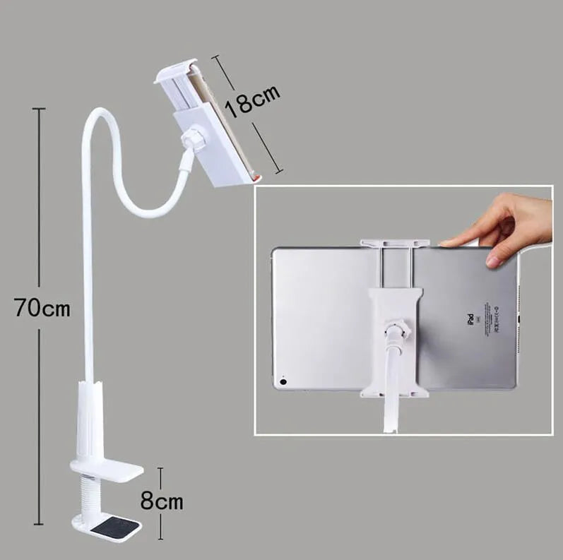 Black bedside phone mount with long flexible arm and saddle base holding a mobile phone.