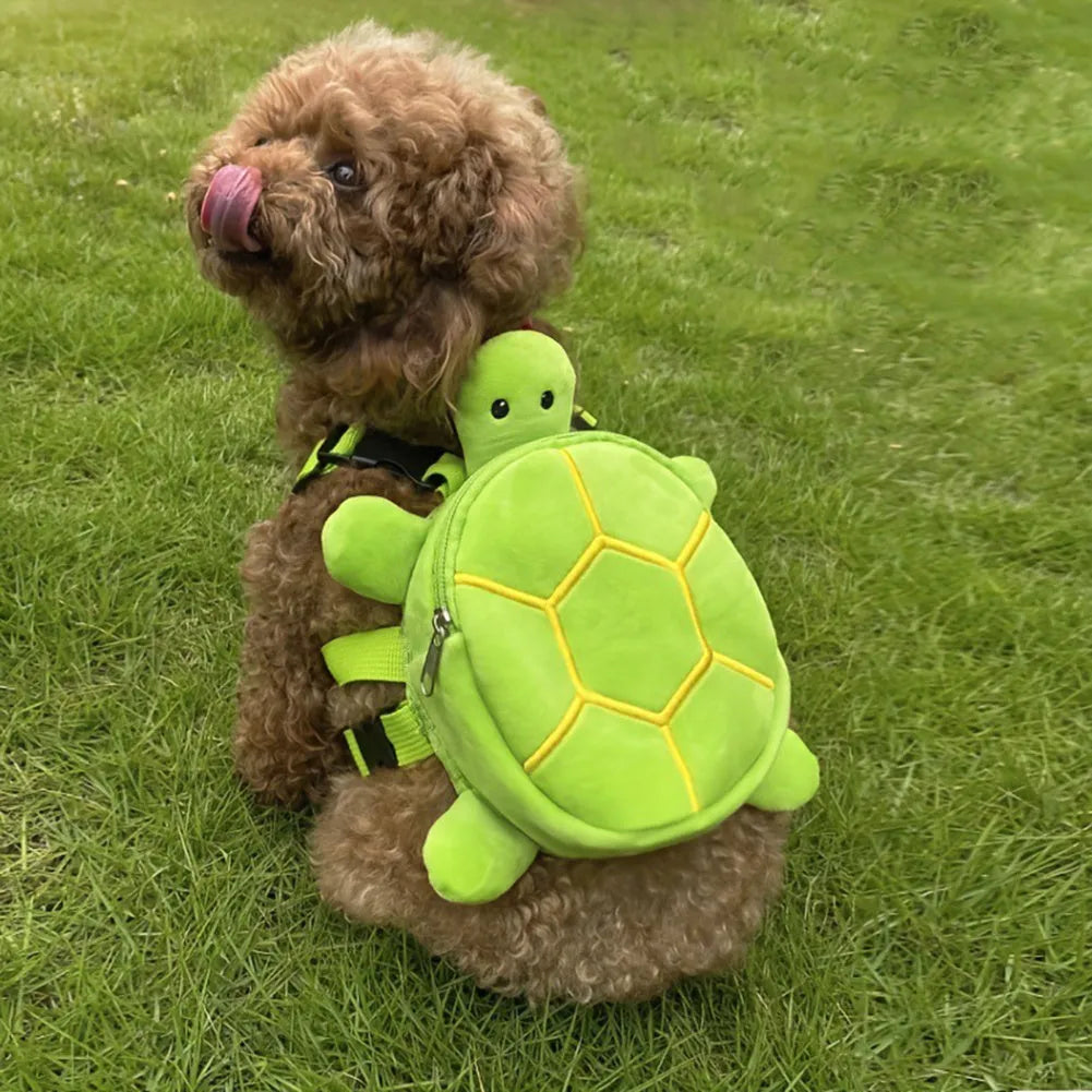 Turtle-shaped velvet pet backpack with integrated harness, metal zipper, and no-pull system for dogs and cats