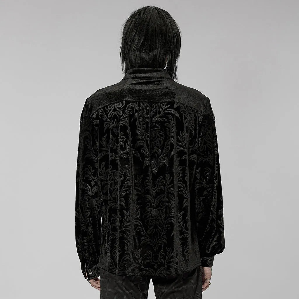 Gothic Court black velvet men's shirt with pointed collar and decorative fasteners