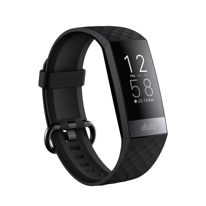 Black smart bracelet with screen showing blood pressure and heart rate data on a wrist.