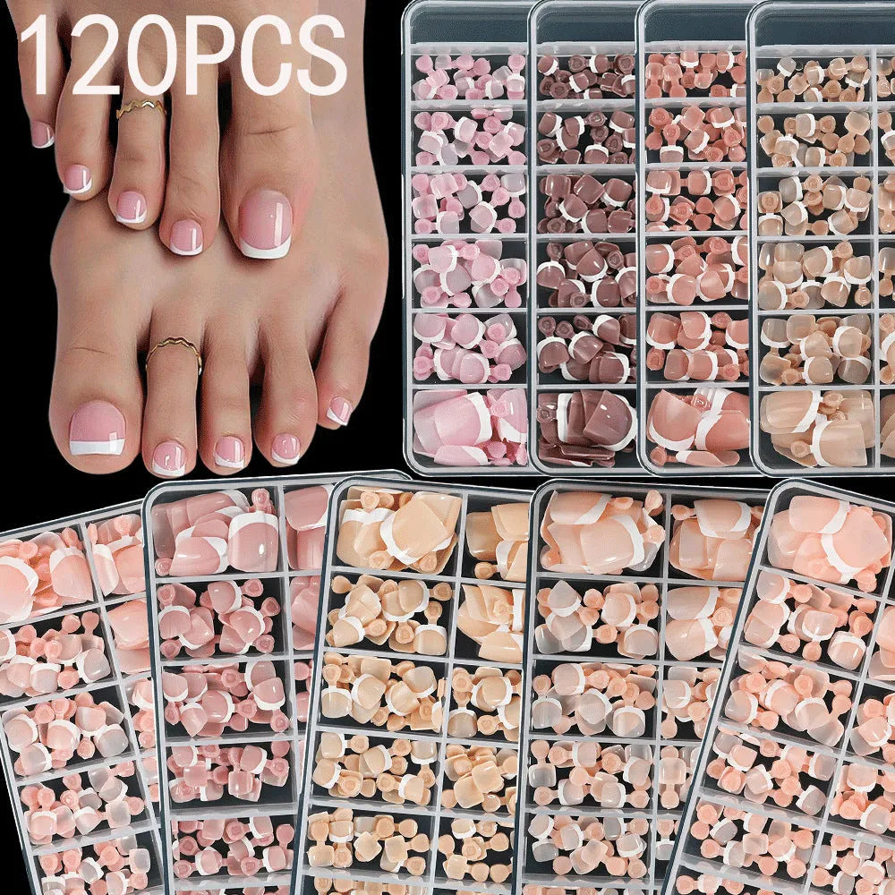 Box of 120 French manicure style nail pieces with white edges in nine nude colours, square short shape for toes.