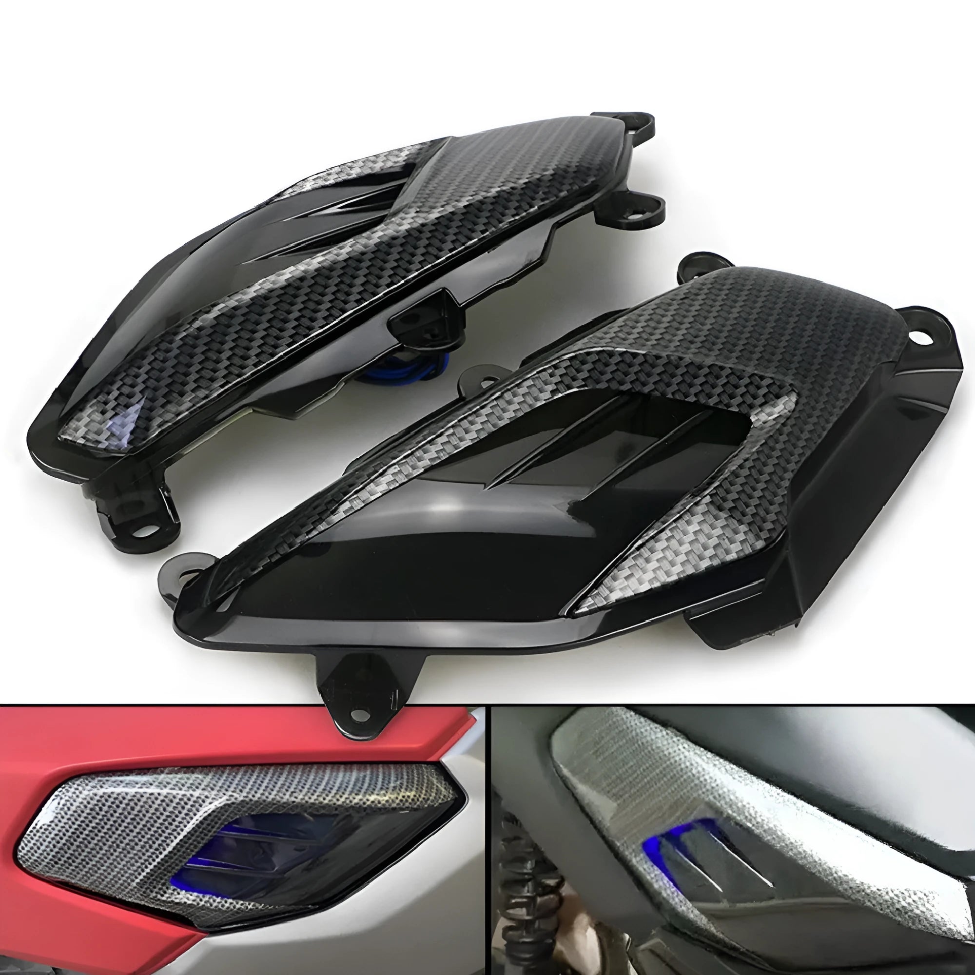 Pair of YAMAHA NMAX motorcycle LED side lamps with ABS shell on a white background