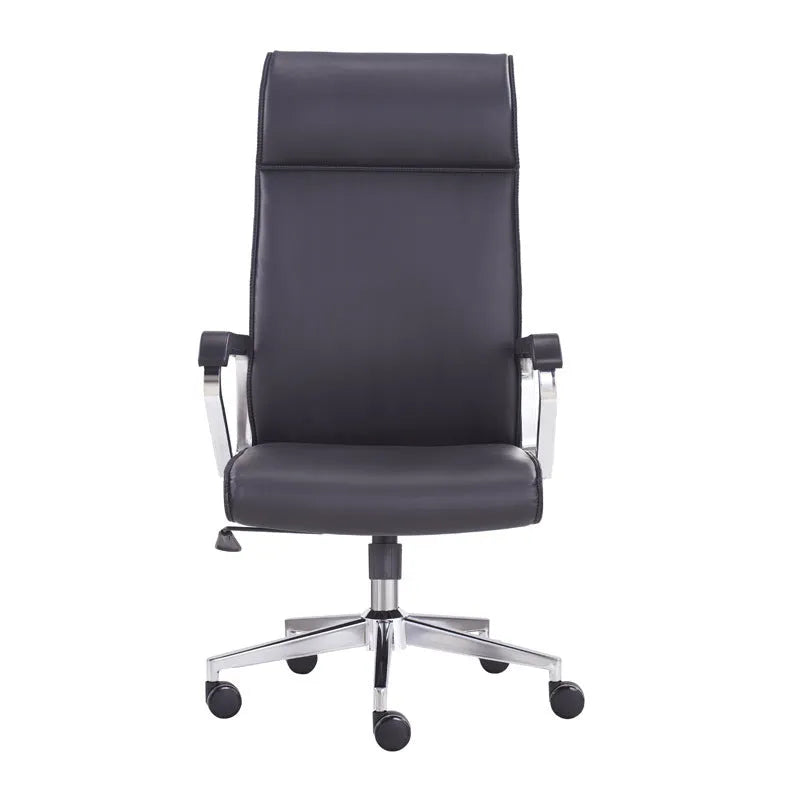 Black leather office chair with metal frame, armrests, and swivel base on a wooden floor