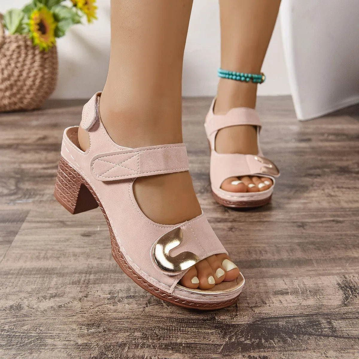 Velcro Roman sandals round toe PU upper light brown colour on white background