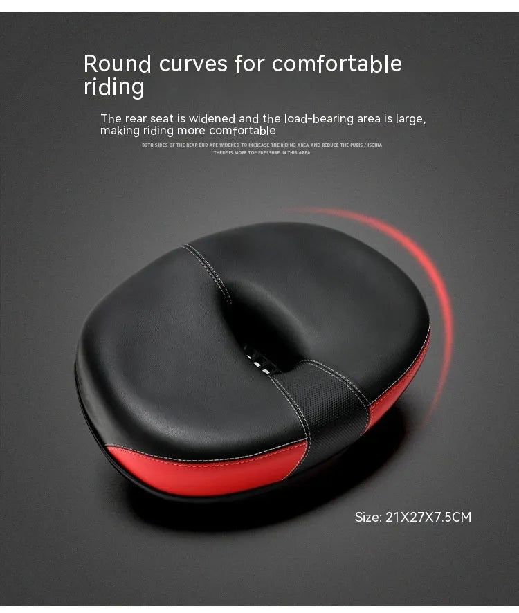 Thickened plus-size bicycle saddle in red, grey, or light brown with reflective stickers and PU cover.