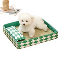 Blue rattan cat litter mat serving as a fixed bed in a home setting.