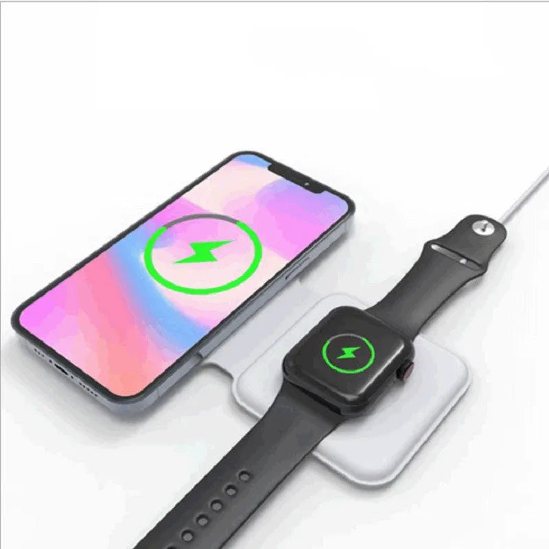 White folding magnetic wireless charging dock showing dual charging surfaces and adjustable stand