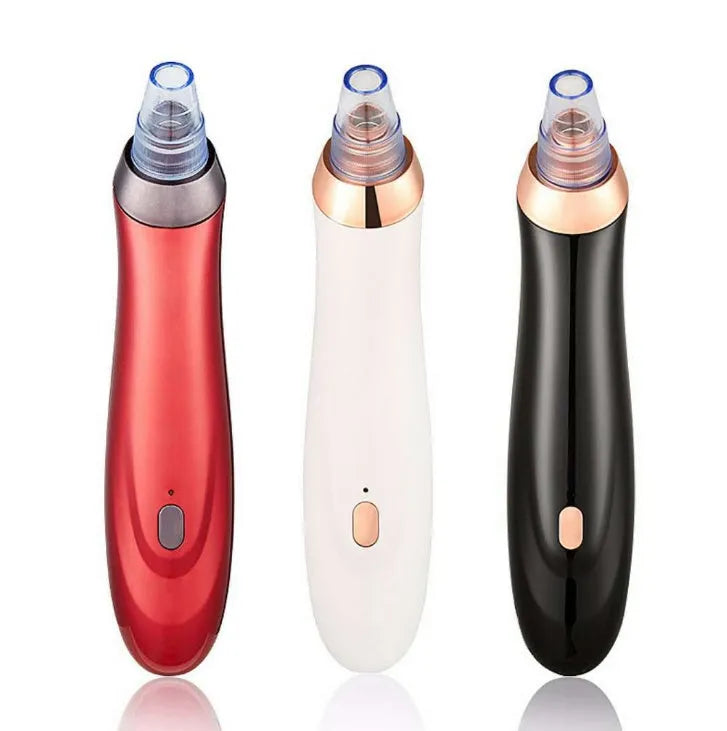 Electric blackhead extractor tool in black, gold, red, or white with interchangeable nozzles.