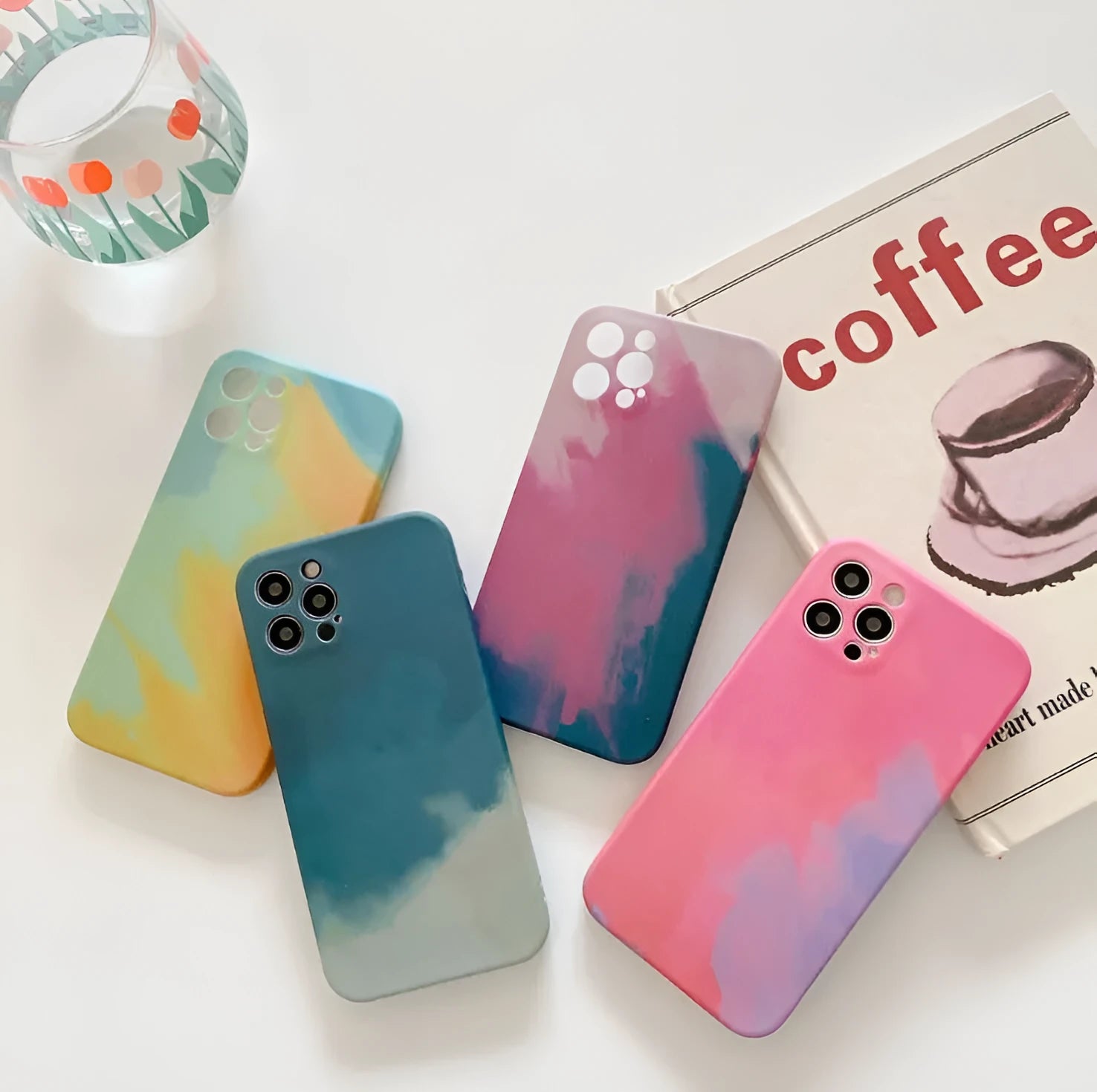 Soft silicone iPhone case with abstract gradient geometric oil painting design in blue green pink purple colours