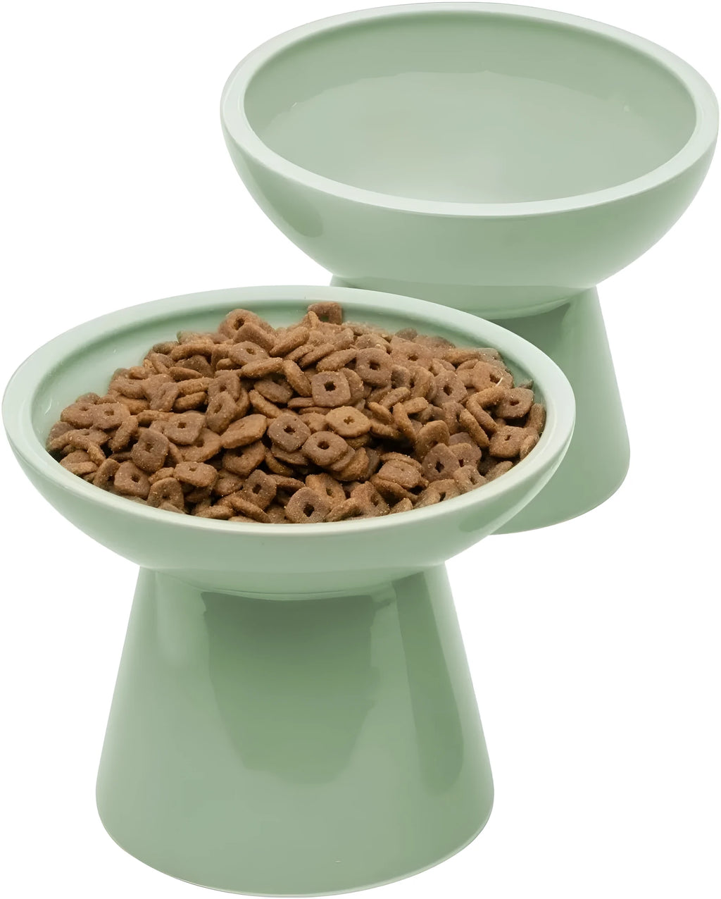 Ceramic elevated cat food bowl in blue, showing wide shallow dish on raised base.