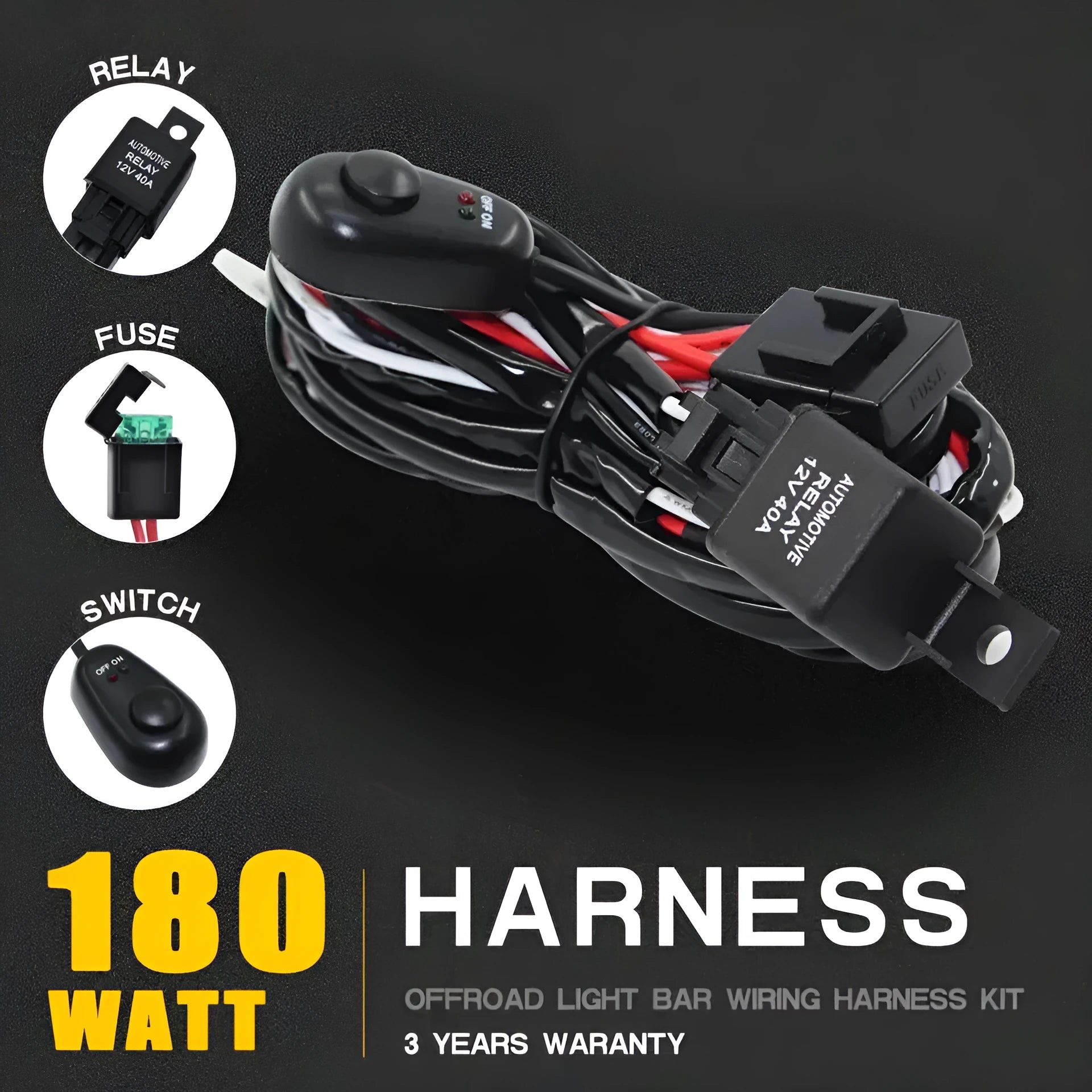LED work light wiring harness with silicone insulation, 2 metre length, for vehicle roof spotlight installation