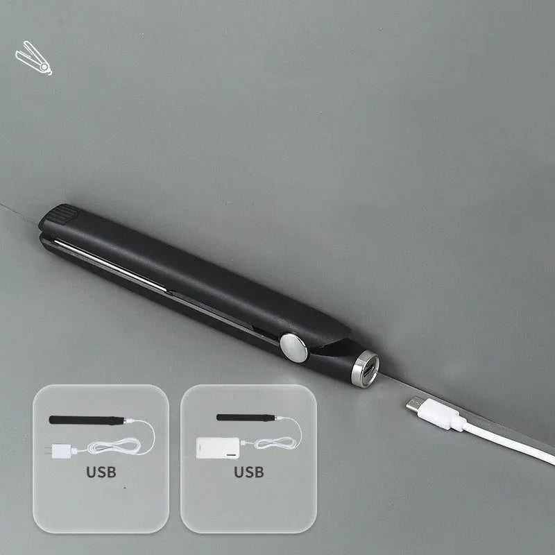 Mini USB hair curler and straightener dual-use 16W black on white background 2cm x 19cm