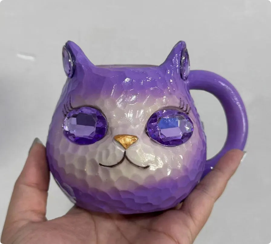 Crystal Earth Cat Cup resin decorative craft in blue, green, pink, or purple colour options