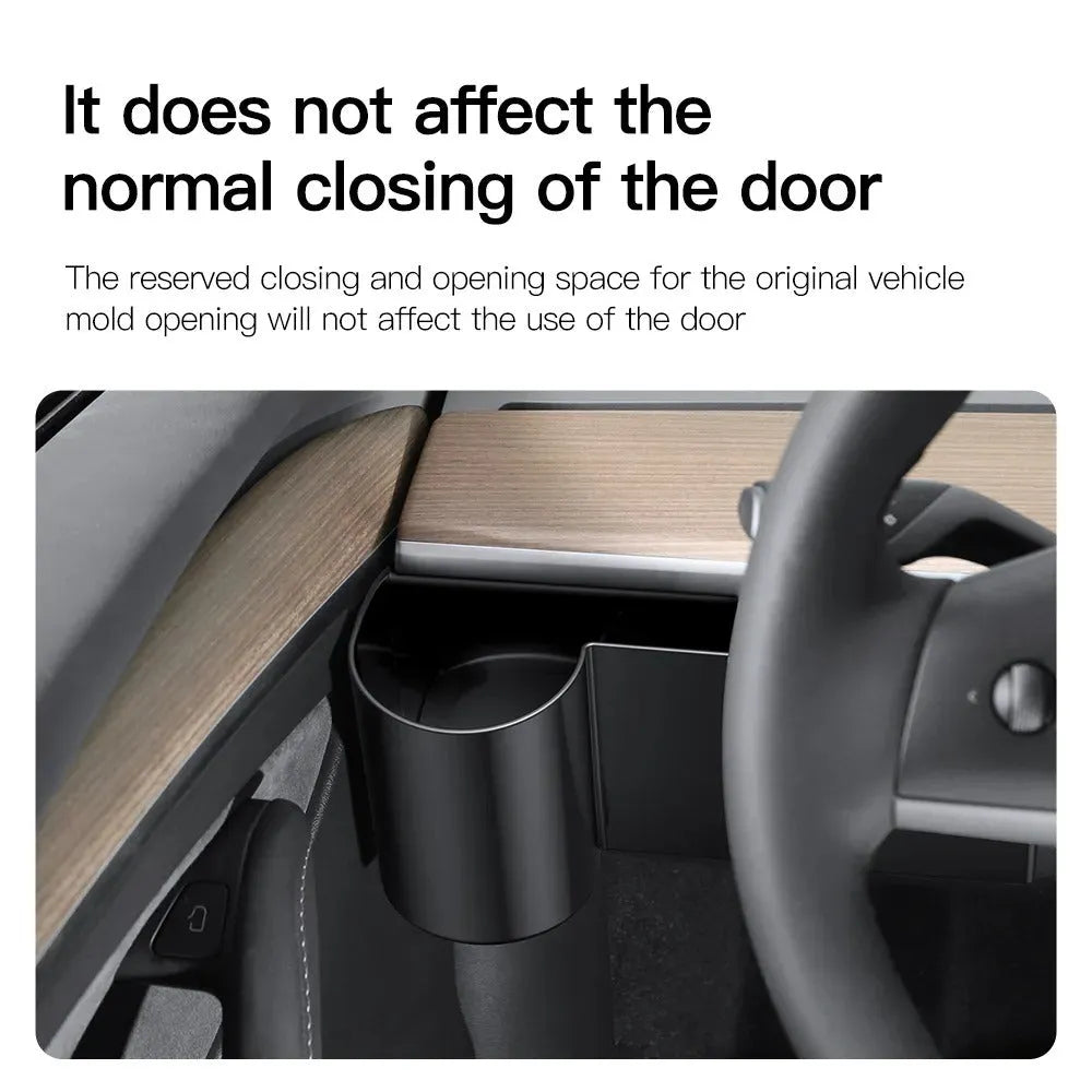 Plastic dashboard water cup holder for left-hand drive Tesla Model 3 and Model Y vehicles.